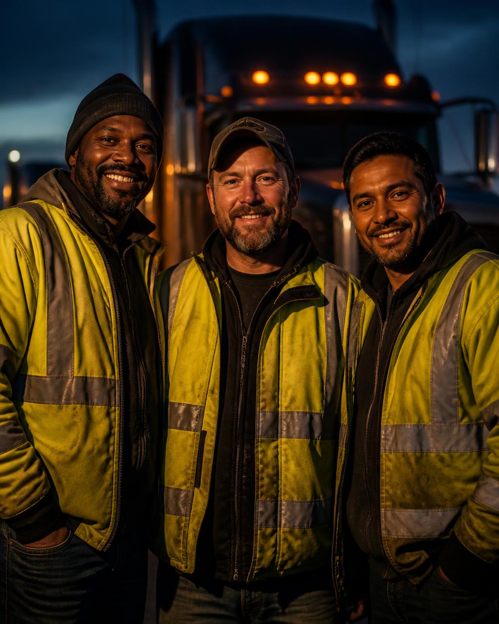 Smiling team of professional Class A CDL truck drivers standing together in front of a semi truck